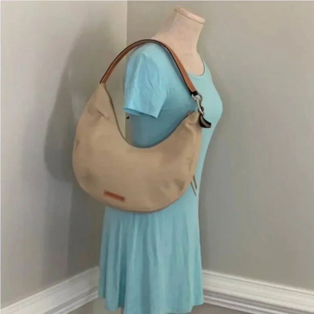 BCBGMAXAZRIA Canvas Bohemian Hobo Tan Bag with Leather Strap